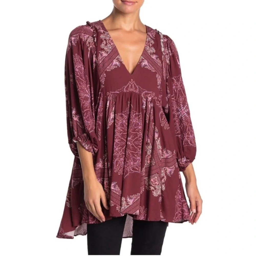 Free People Girl Talk Paisley Balloon Sleeve Bohemian Blouse Top Burgund…